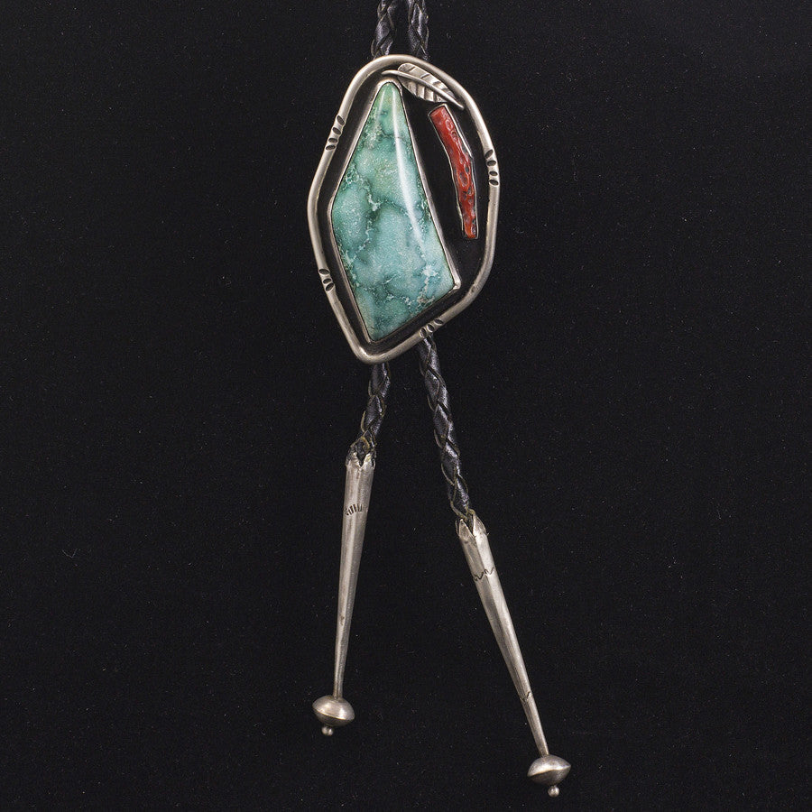 Turquoise and Coral Bolo - Sterling Silver