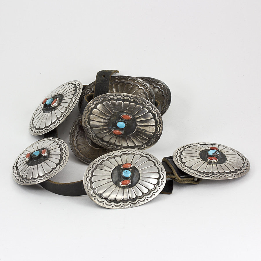 Classic Sterling Silver, Red Coral and Turquoise 34" Concho Belt
