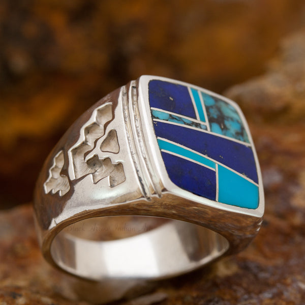 David Rosales Blue Mountain Inlaid Sterling Silver Alpha Ring