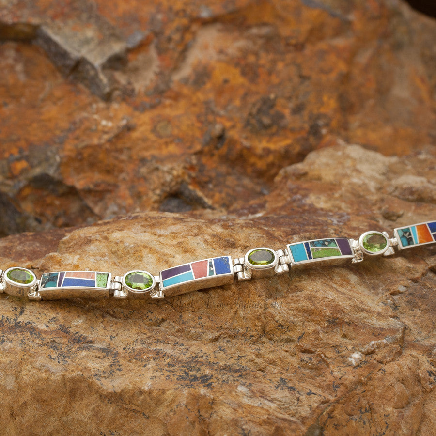 David Rosales Big Link Indian Summer Inlaid Sterling Silver Bracelet