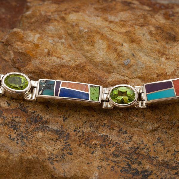 David Rosales Big Link Indian Summer Inlaid Sterling Silver Bracelet