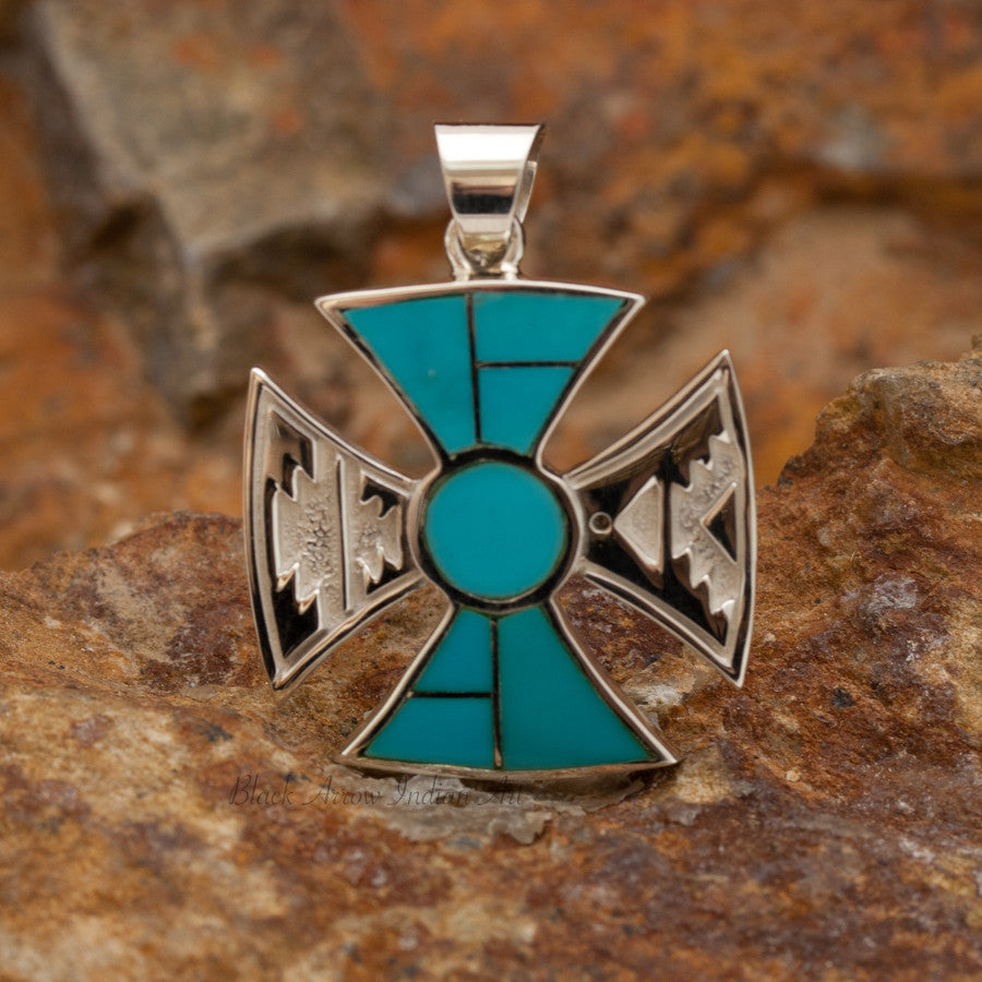 David Rosales Arizona Blue Inlaid Sterling Silver Cross Pendant