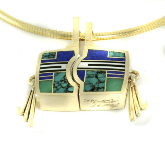 Ray Tracey 14kt Gold Signature Inlaid Pendant - Square Lapis/Turquoise
