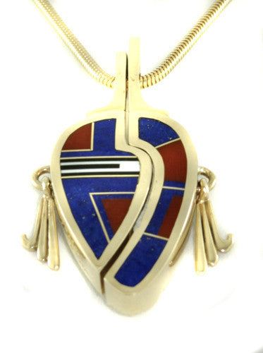 Ray Tracey 14kt Gold Signature Inlaid Pendant - Lapis/Red Coral