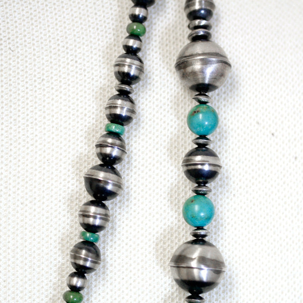 Traditional Sterling Silver and Turquoise Antiqued Beaded Navajo Necklace