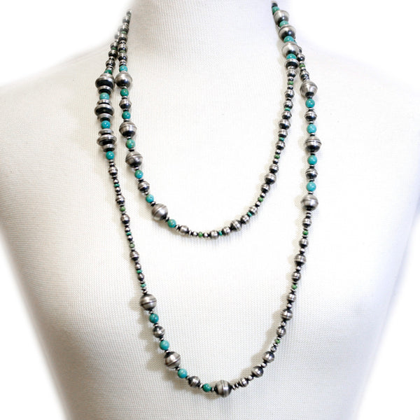 Traditional Sterling Silver and Turquoise Antiqued Beaded Navajo Necklace