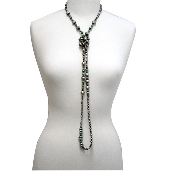 Traditional Sterling Silver and Turquoise Antiqued Beaded Navajo Necklace