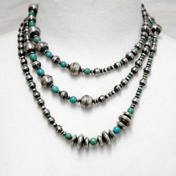 Traditional Sterling Silver and Turquoise Antiqued Beaded Navajo Necklace