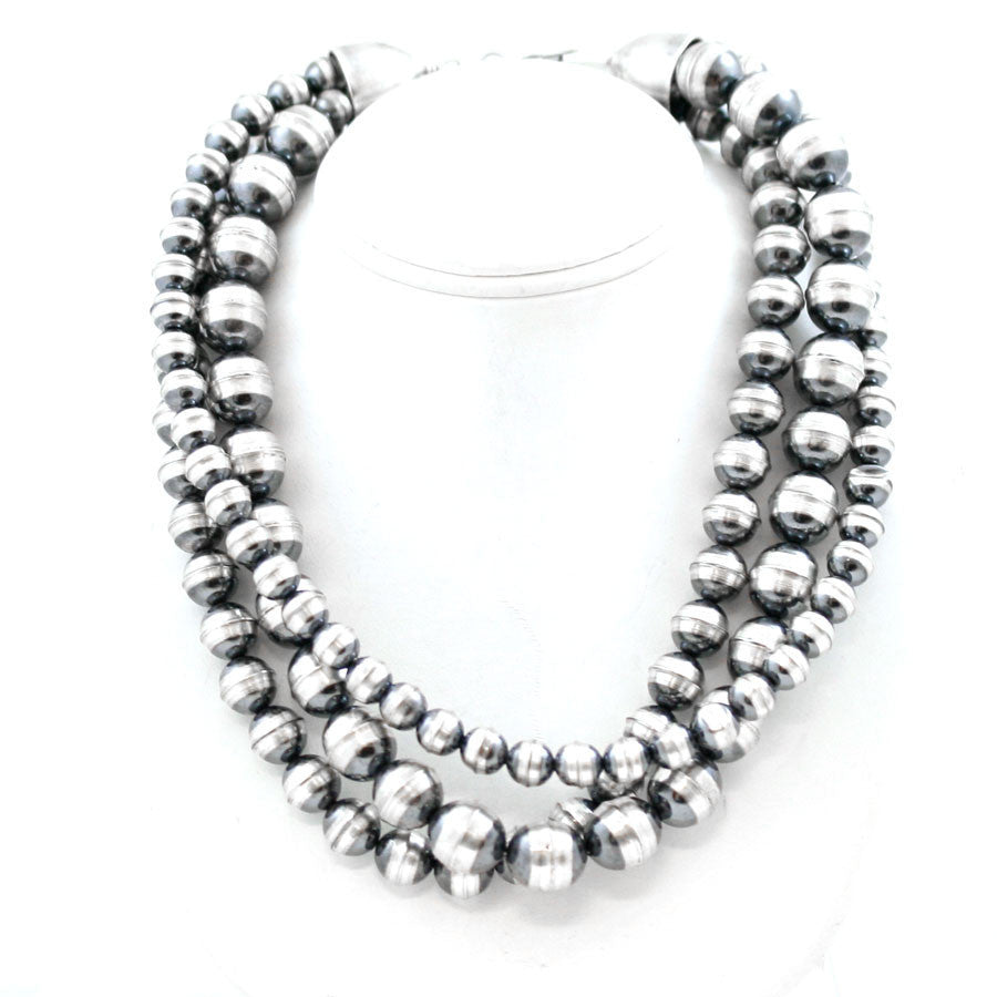 Traditional Sterling Silver Antiqued Beaded Navajo Necklace