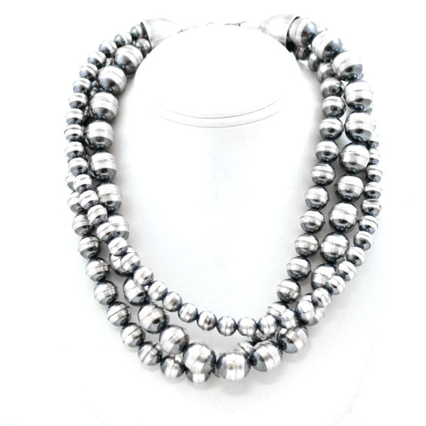 Traditional Sterling Silver Antiqued Beaded Navajo Necklace