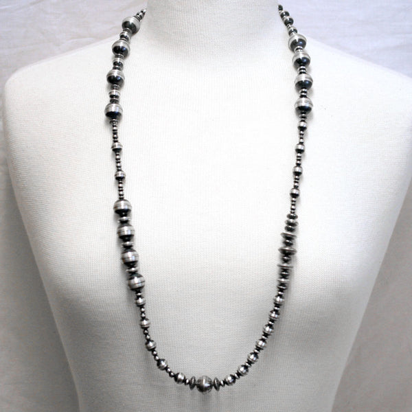 Traditional Sterling Silver Antiqued Beaded Navajo Necklace