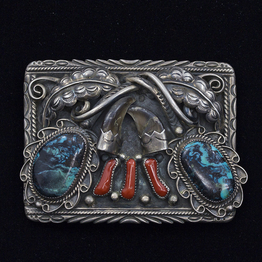 Sterling Silver w/Turquoise, Red Coral & Bear Claws Belt Buckle