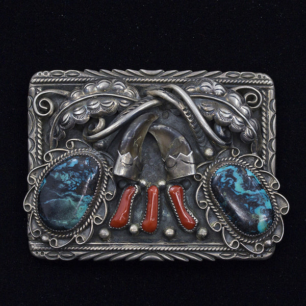 Sterling Silver w/Turquoise, Red Coral & Bear Claws Belt Buckle