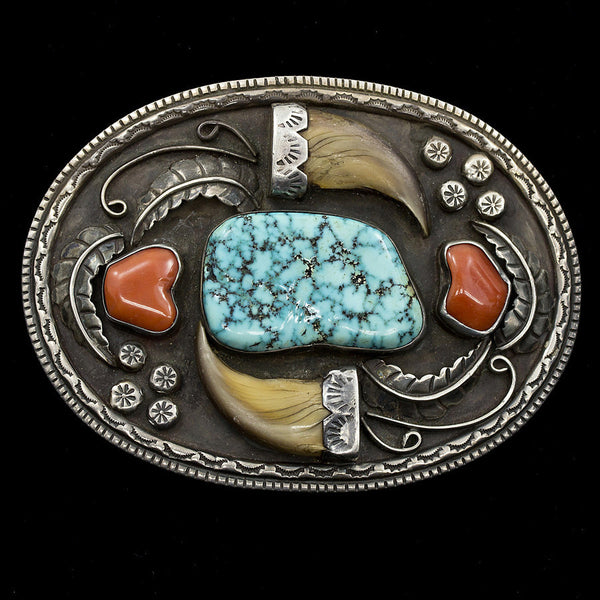LA Turquoise, Red Coral and Bear Claws Belt Buckle