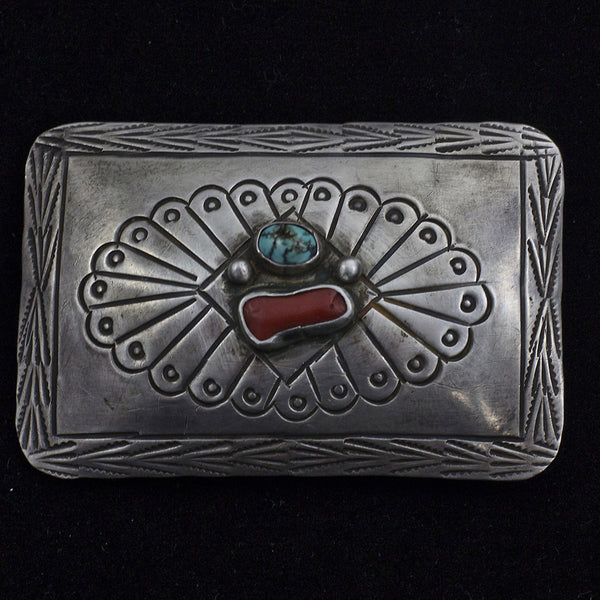 Douglas Sterling Silver, Turquoise & Red Coral Belt Buckle
