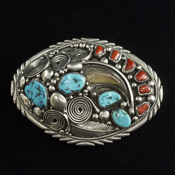 Bear Claw, Turquoise & Red Coral Belt Buckle and Bolo Set