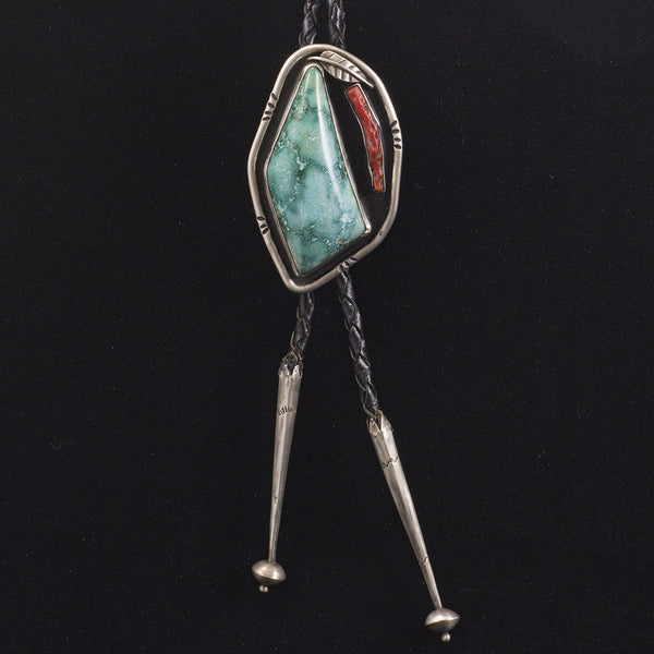 Turquoise and Coral Bolo - Sterling Silver