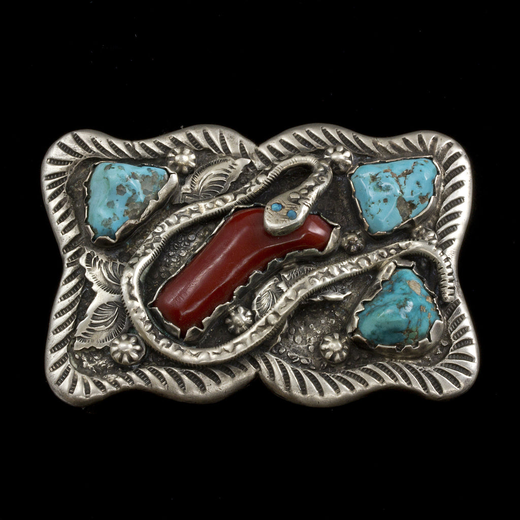 Sterling Silver, Turquoise and Red Coral Snake Belt Buckle