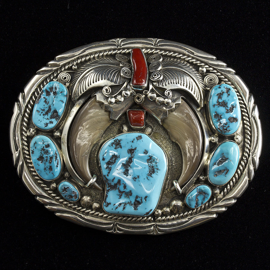Frances Begay Bear Claws, Turquoise & Red Coral Belt Buckle