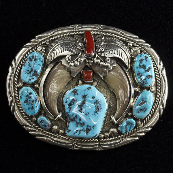 Frances Begay Bear Claws, Turquoise & Red Coral Belt Buckle