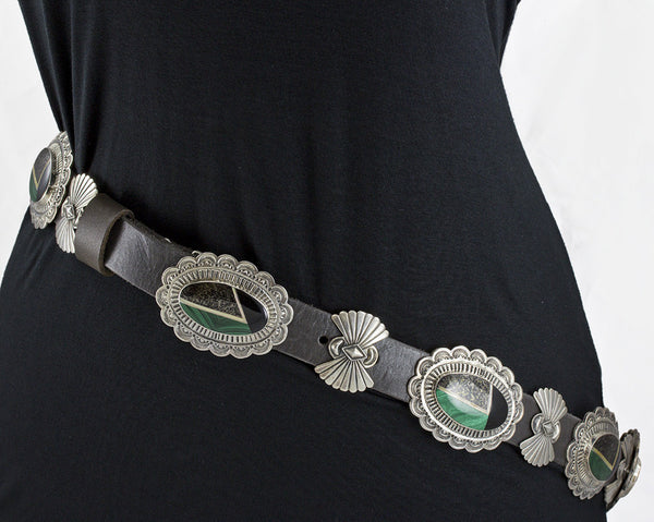 Concho Onyx, Malachite, and Apache Gold Sterling Silver Belt