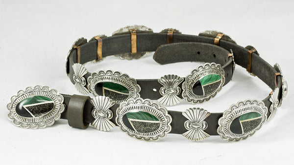 Concho Onyx, Malachite, and Apache Gold Sterling Silver Belt