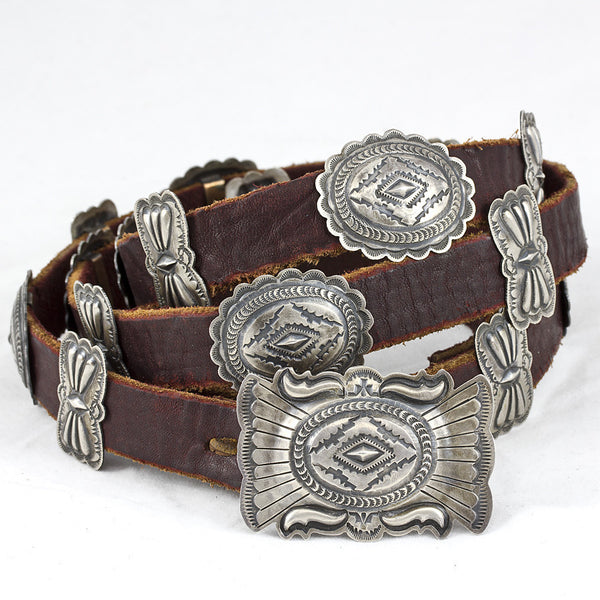 Sterling Silver and Brown Leather 54" Concho Belt