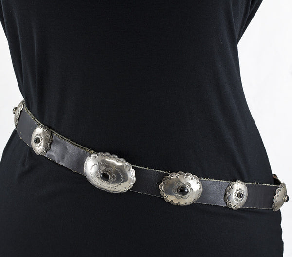 Black Onyx Sterling Silver and Black Leather 42" Concho Belt