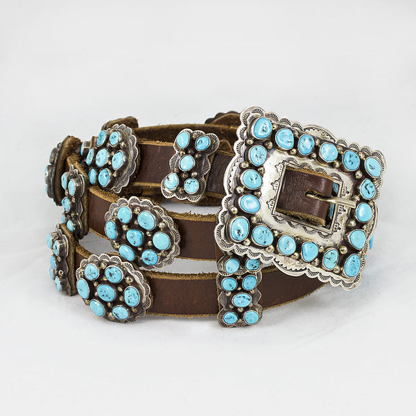 Turquoise Sterling Silver and Brown Leather 43" Concho Belt