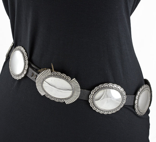 A Cadman Black Leather and Polished Sterling Silver Concho Belt