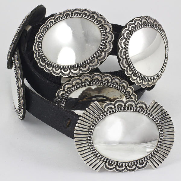 A Cadman Black Leather and Polished Sterling Silver Concho Belt