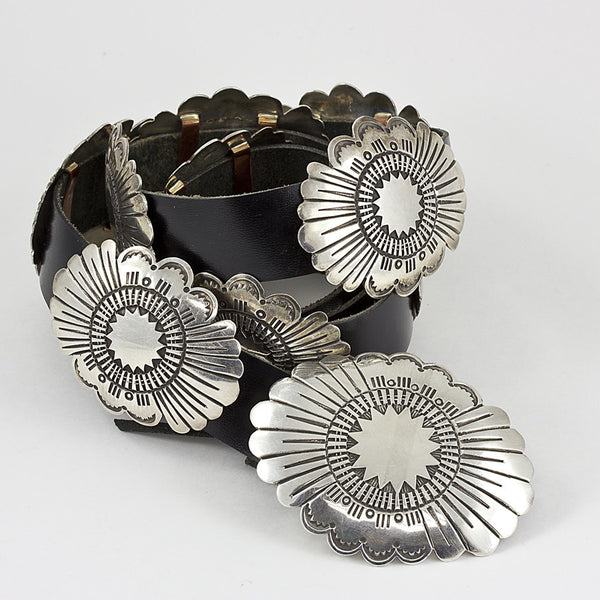 Elegant Sterling Silver and Black Leather 43" Concho Belt