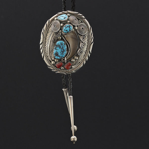 Turquoise, Claw and Coral Bolo - Sterling Silver
