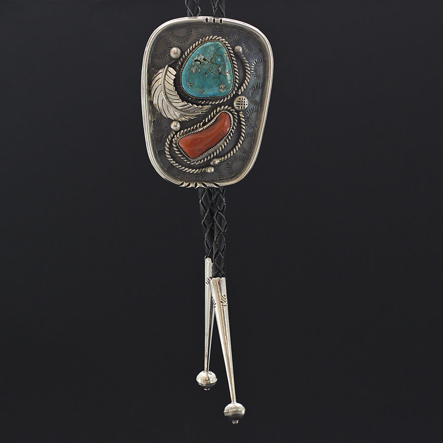 Sterling Silver, Red Coral and Turquoise Bolo Tie