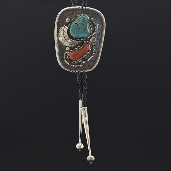 Sterling Silver, Red Coral and Turquoise Bolo Tie