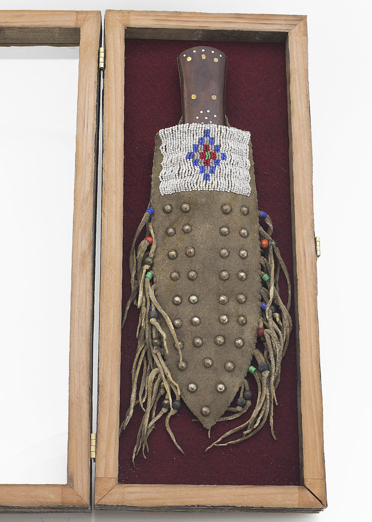 Plains Style Leather Knife Sheath with Knife and Display Case by Russ Kruse