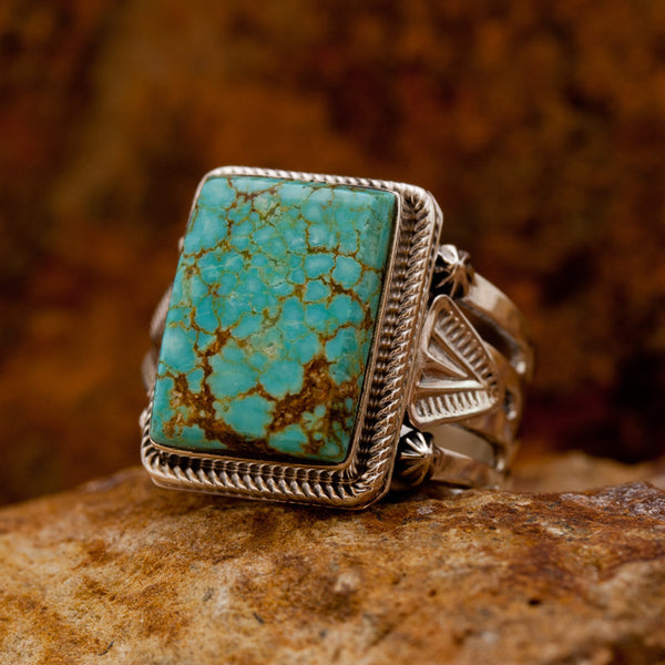Rectangular Number 8  Sterling Silver Turquoise Ring Size 13.5