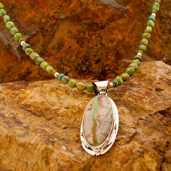 Oval Boulder Turquoise Pendant with Boulder Beaded Necklace