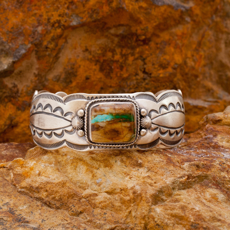 Square Boulder Turquoise Sterling Silver Detailed Bracelet
