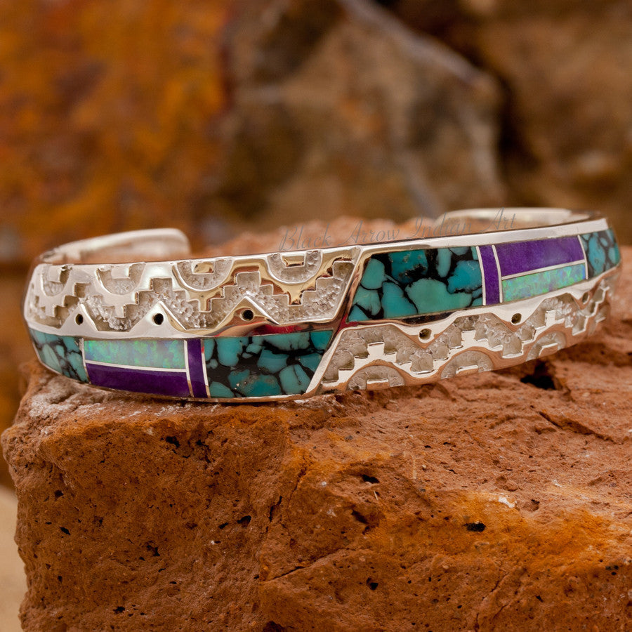 David Rosales Shalako Navajo Rug Pattern Inlaid Sterling Silver Bracelet