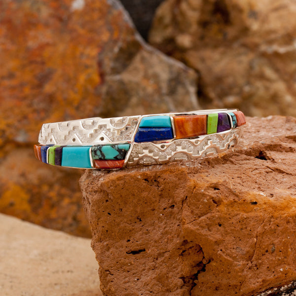 David Rosales Indian Summer Cobble Navajo Rug Pattern Inlaid Sterling Silver Bracelet