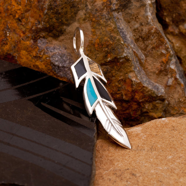 David Rosales Turquoise Creek Feather Inlaid Sterling Silver Pendant