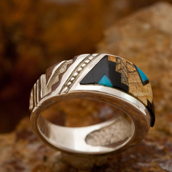 David Rosales Turquoise Creek Escher Inlaid Sterling Silver Ring