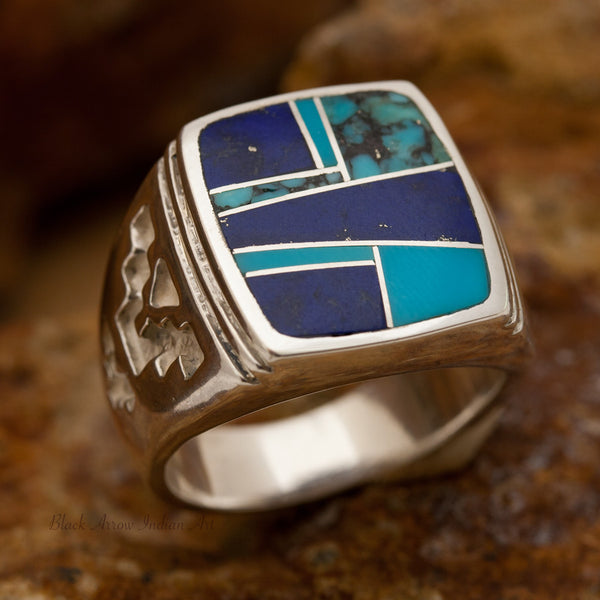 David Rosales Blue Mountain Inlaid Sterling Silver Alpha Ring