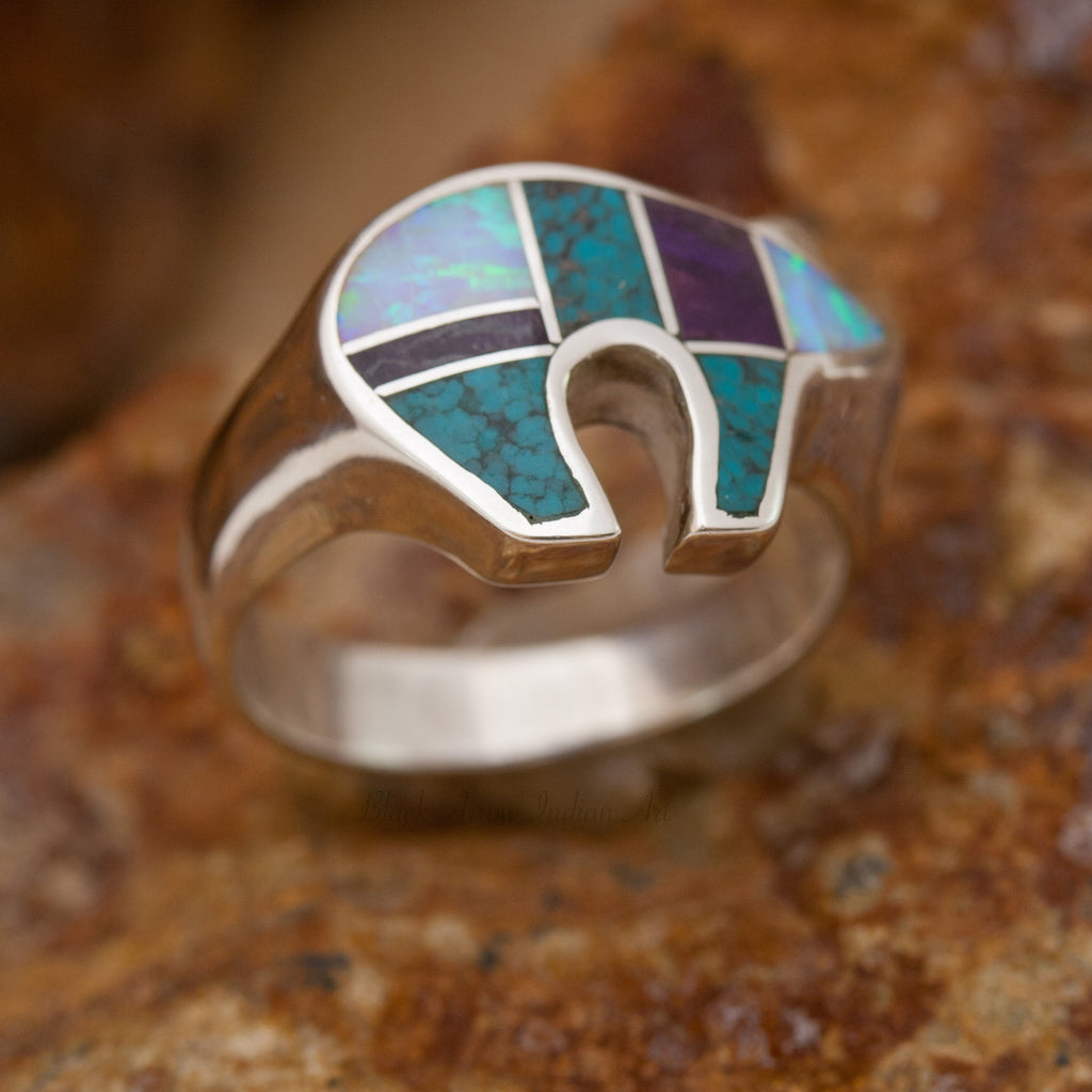 David Rosales Shalako Bear Inlaid Sterling Silver Ring