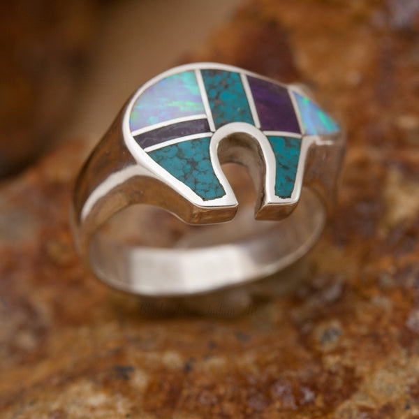 David Rosales Shalako Bear Inlaid Sterling Silver Ring