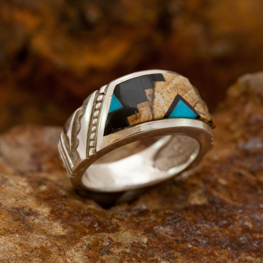 David Rosales Turquoise Creek Escher Inlaid Sterling Silver Ring