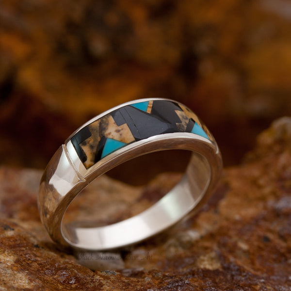 David Rosales Turquoise Creek Peak Inlaid Sterling Silver Ring