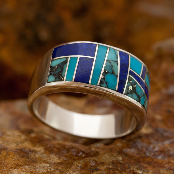 David Rosales Couples' Set Blue Mountain Inlaid Sterling Silver Ring