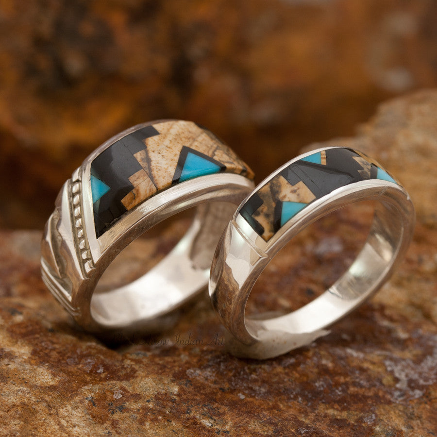 David Rosales Couples' Set Turquoise Creek Inlaid Sterling Silver Ring